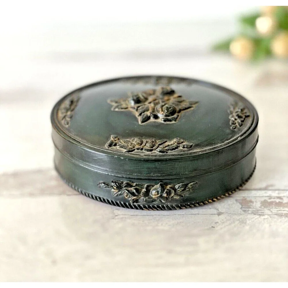 Vintage Victorian Revival Imitation Jet Carved Roses Jewelry Box Black Gothic